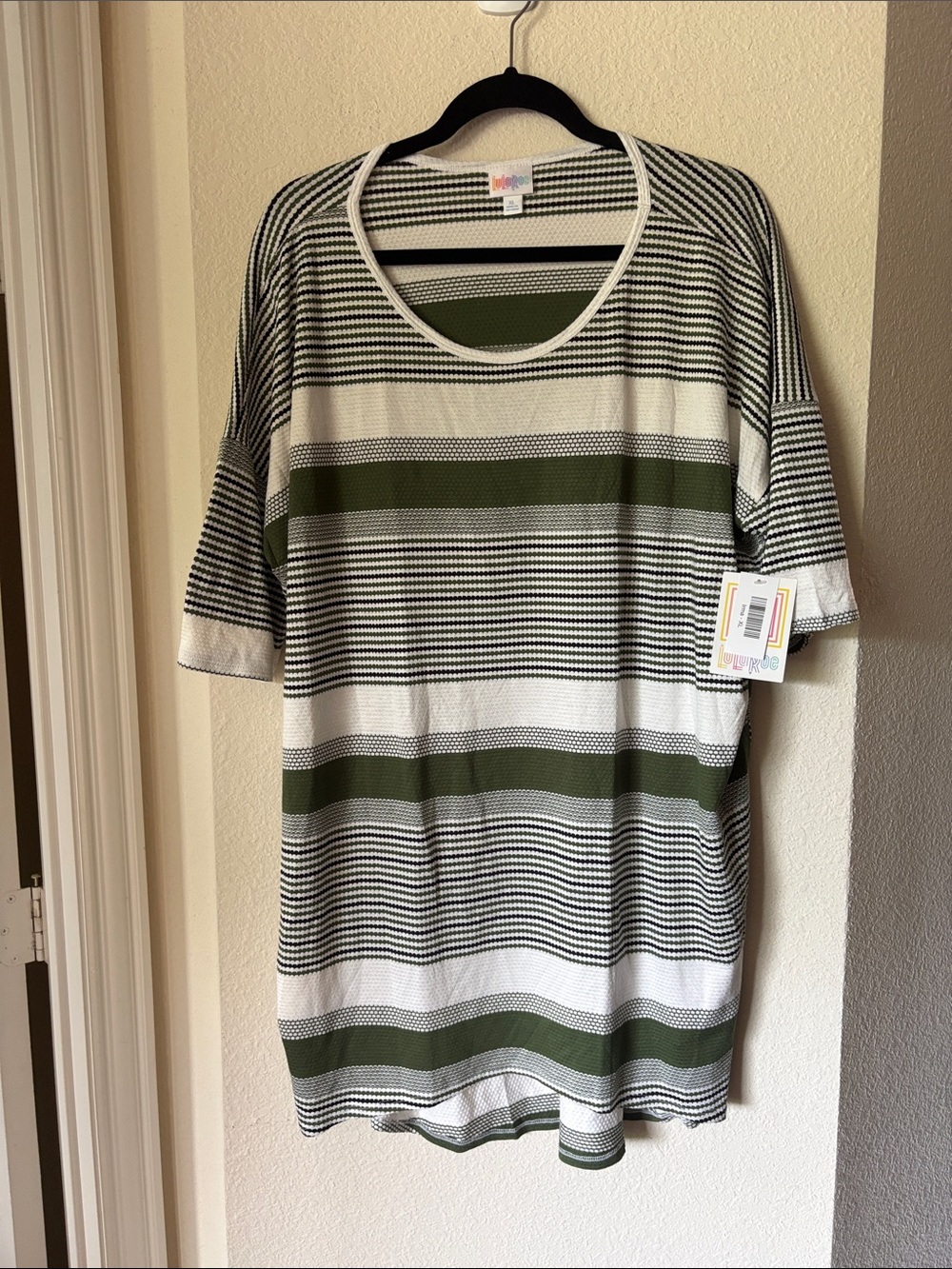 LuLaRoe Short Sleeve Striped Tee in Olive Green, Black & White